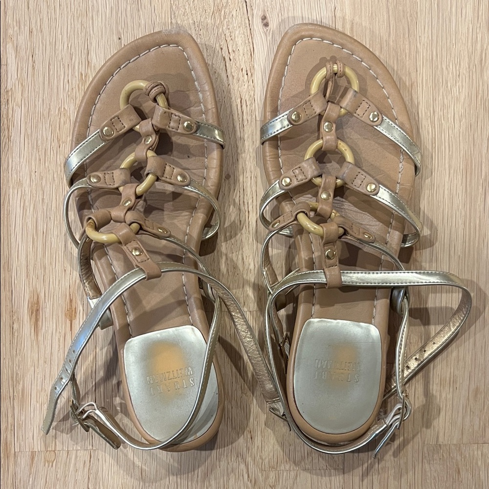 Stuart Weitzman Tan and Silver Strappy Sandals
